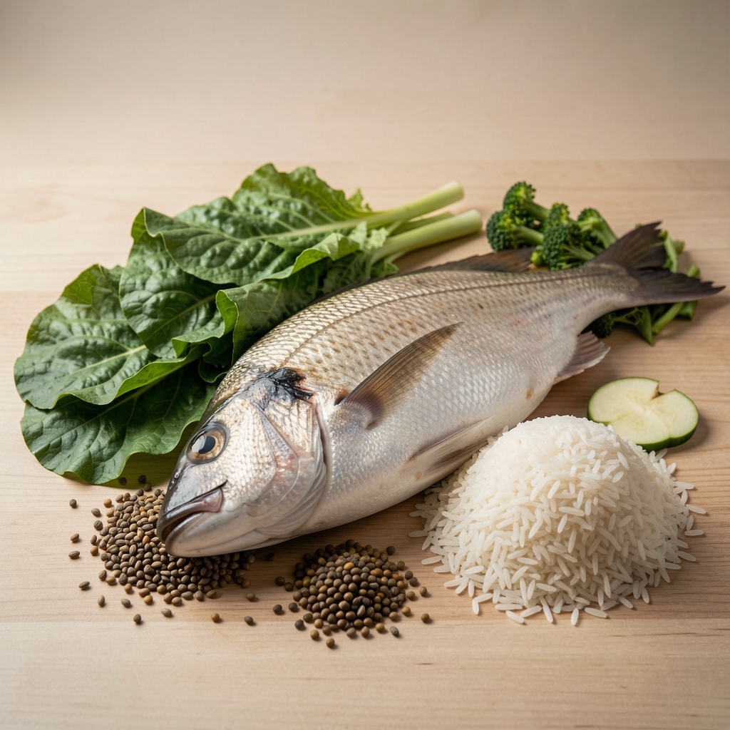 Whole fish, leafy vegetables, seeds, and rice arranged as an Indonesian food still life