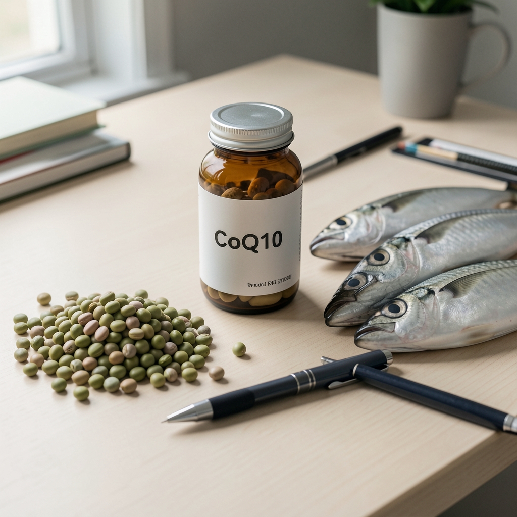 CoQ10 label, legumes, fish, and a pen arranged on a pale editorial desk