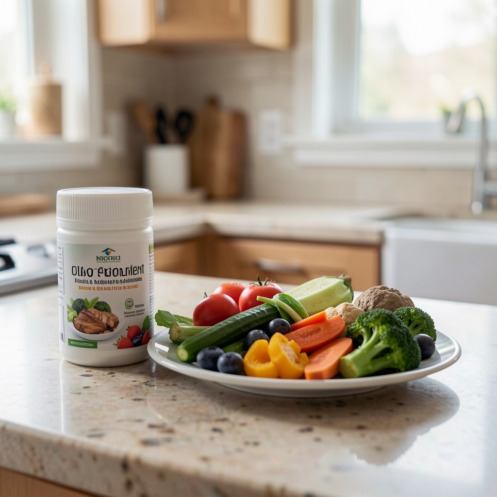 Close-up of a food supplement label being compared with a plate of whole foods on a kitchen counter